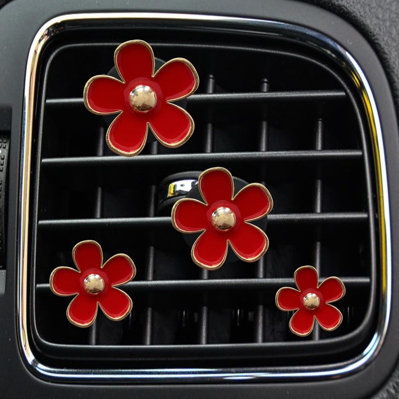 SPANICE Daisy Air Vent Clips, 4 Pcs Cute Flower Car Air Conditioning Outlet Clip Car Air Freshener Clip Charm Car Inter Decor Accessories for Women (Red) - Image 1